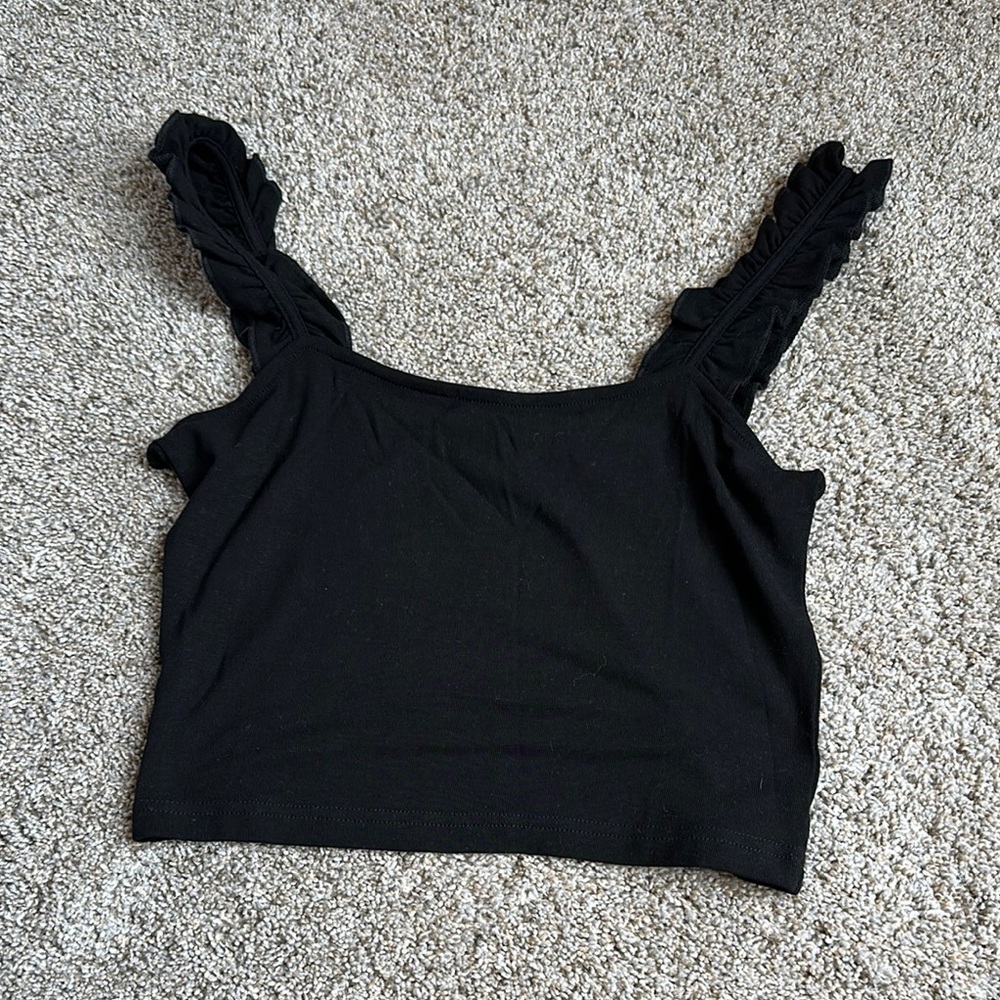 Black Ruffled Crop Tank Top